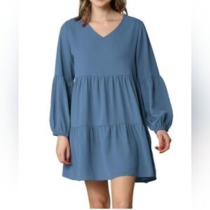 Casual Long Sleeve V-Neck Loose Flowy Swing Shift Dress